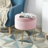 Round Velvet Storage Ottoman Footrest Stool Vanity Chair with Metal Legs - Pink