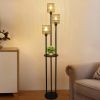 3-Lights Rattan Floor Lamp with Shelves - as Pic