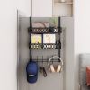 Hooks on the door to hang clothes; towel rack on the door with 2 baskets; coat rack on the door bathroom organizer; black - as picture