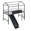 Metal House Bed With Slide; Twin Size Metal Loft Bed with Two-sided writable Wooden Board (Black ) - as Pic