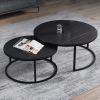 Modern Round Nesting Coffee Table Set of 2 with Black Faux Marble Top,Metal Frame - Black