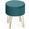 Round Velvet Storage Ottoman Footrest Stool Vanity Chair with Metal Legs - Dark Green