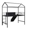 Metal House Bed With Slide; Twin Size Metal Loft Bed with Two-sided writable Wooden Board (Black ) - as Pic