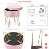 Round Velvet Storage Ottoman Footrest Stool Vanity Chair with Metal Legs - Pink