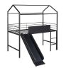 Metal House Bed With Slide; Twin Size Metal Loft Bed with Two-sided writable Wooden Board (Black ) - as Pic