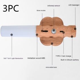 Rechargeable Wood Grain Infrared Sensor Lamp Smart Home Magnetic Induction Wall Lamp (Option: 2.5W 3PC-White Light)